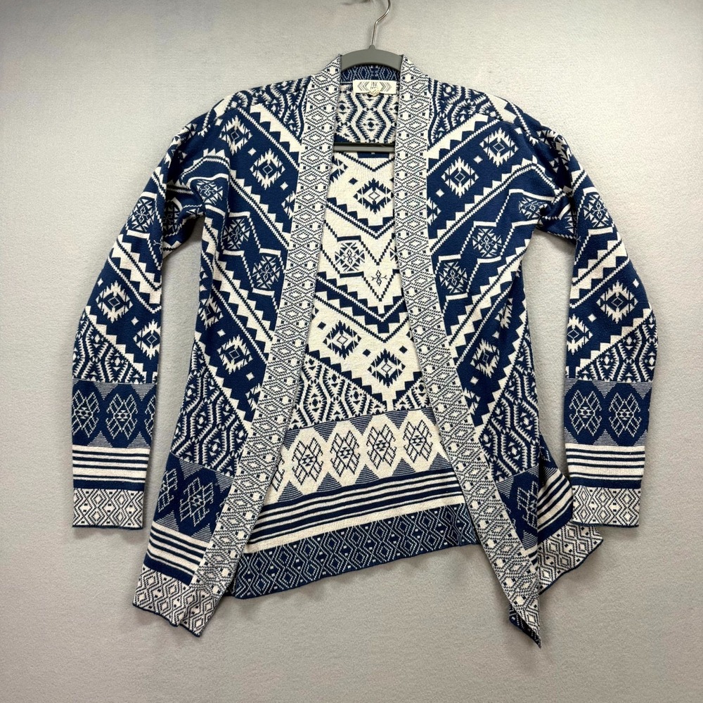Pink Rose Cardigan Sweater Womens Medium White Blue Aztec Navajo Open Front